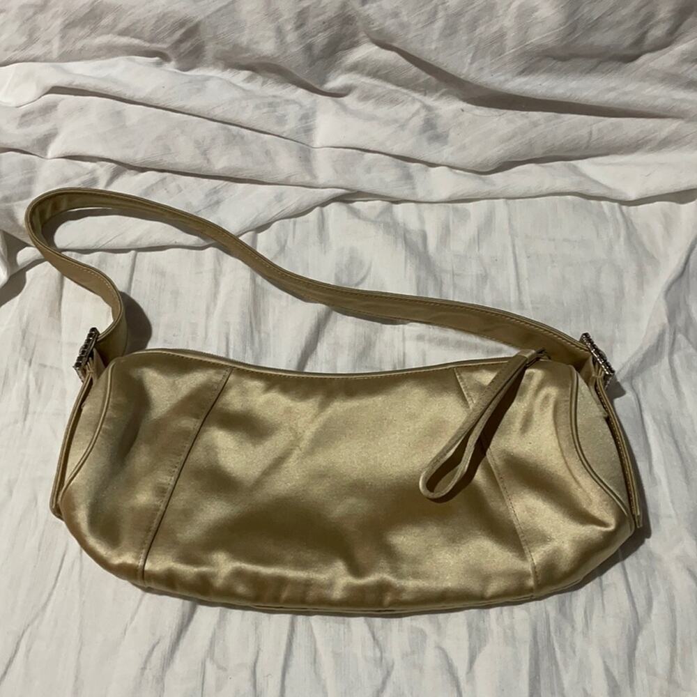 Ann Taylor golden satin small rhinestone buckled strap evening bag euc